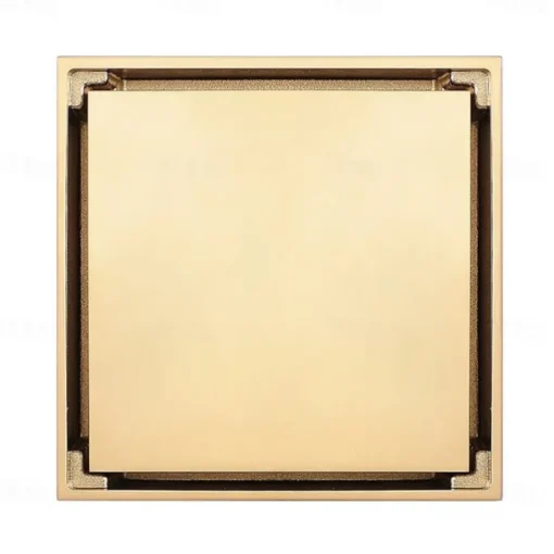 4 inch Square Shower Floor Drain, Removable Brass Flange Reversible Double Cover Tile Insert Grate, Hair Catcher Strainer Black Chrome Golden