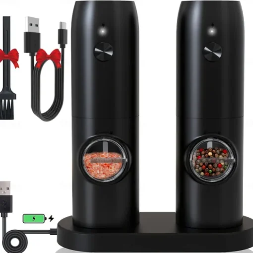 1 or 2-pack rechargeable electric pepper & salt grinders. 2-pack includes charging base. Rechargeable Electric Pepper and Salt Grinder, Auto operation, LED light, adjustable grind, USB charging. Black
