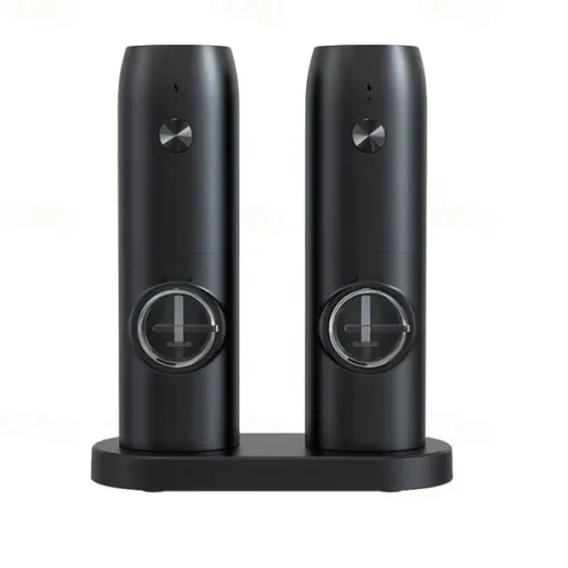 1 or 2-pack rechargeable electric pepper & salt grinders. 2-pack includes charging base. Rechargeable Electric Pepper and Salt Grinder, Auto operation, LED light, adjustable grind, USB charging. Black