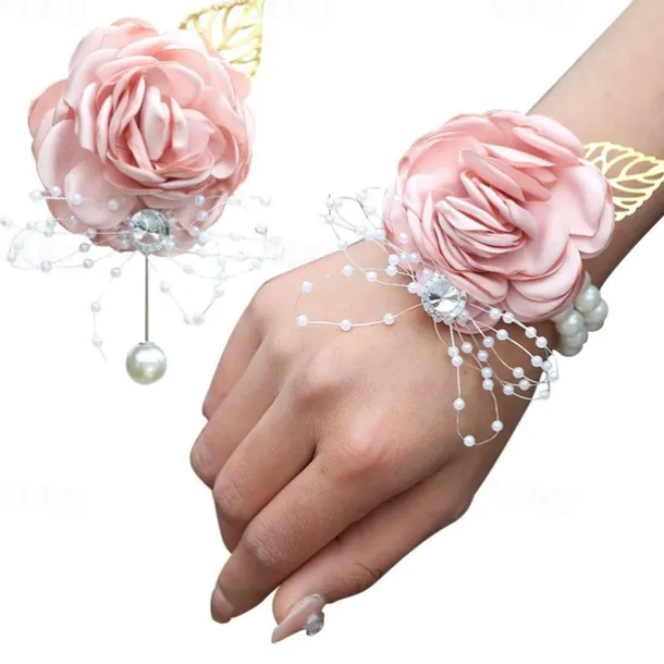 2 Pack Flower Wrist Corsage Boutonniere Set,Artificial Rose Handmade Silk Flower for Wedding Flowers Accessories Prom Suit Decor