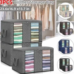 3 Pack, 90L Large Capacity Clothes Storage Bag Organizer with Reinforced Handle Thick Fabric for Comforters, Blankets, Bedding, Foldable with Sturdy Zipper, Clear Window