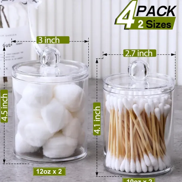 4 PACK Qtip Holder Dispenser for Cotton Ball Cotton Swab Cotton Round Pads Floss Picks - Small Clear Plastic Apothecary Jar Set for Bathroom Canister Storage Organization Vanity Makeup Organizer