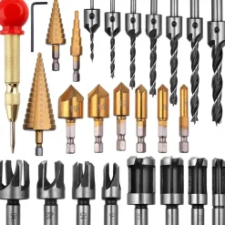 26 Pack Woodworking Chamfer Drilling Tools, Including Countersink Drill Bits, Wood Plug Cutter, Step Drill Bit, Center Punch, L-Wrench