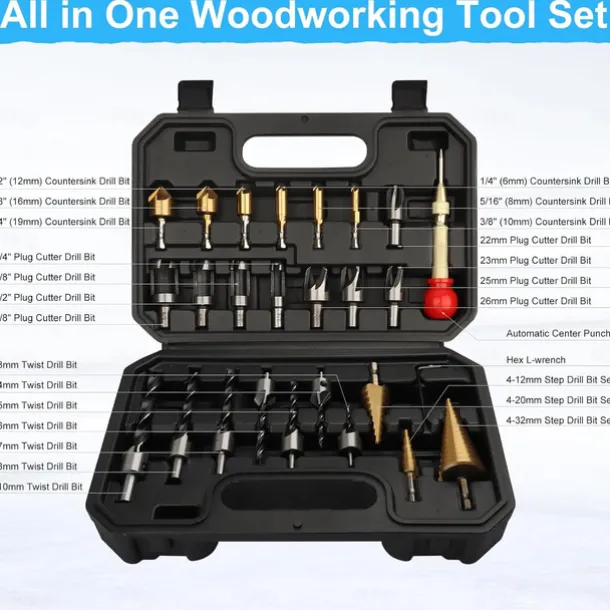 26 Pack Woodworking Chamfer Drilling Tools, Including Countersink Drill Bits, Wood Plug Cutter, Step Drill Bit, Center Punch, L-Wrench