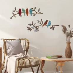 2 Packs Metal Birds Wall Art Decor, Colorful Metal Birds on The Tree Branch Leaves Wall Decor, Rustic Hanging Bird and Leaf Wall Sculpture Home Decor for Balcony Garden Indoor Outdoor