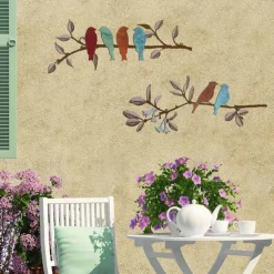 2 Packs Metal Birds Wall Art Decor, Colorful Metal Birds on The Tree Branch Leaves Wall Decor, Rustic Hanging Bird and Leaf Wall Sculpture Home Decor for Balcony Garden Indoor Outdoor