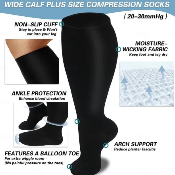 3 Pairs Plus Size Compression Socks for Women & Men, 15-20mmHg Extra Wide Calf Knee High Stockings for Circulation Support
