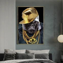 1 Panel Animal Prints Gorilla Wearing Gold Chain Modern Wall Art Wall Hanging Gift Home Decoration Rolled Canvas Unframed Unstretched Painting Core