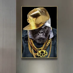 1 Panel Animal Prints Gorilla Wearing Gold Chain Modern Wall Art Wall Hanging Gift Home Decoration Rolled Canvas Unframed Unstretched Painting Core