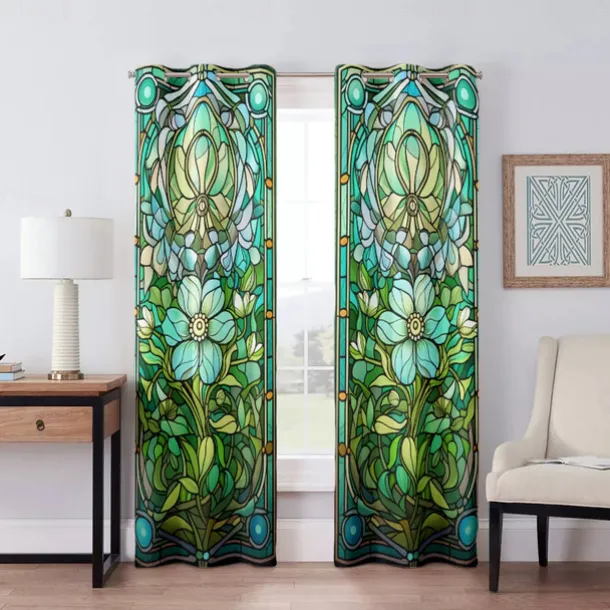 2 Panels 100% Blackout Curtain Stained Glass Pattern Curtain Drapes For Living Room Bedroom Kitchen Window Treatments Thermal Insulated Room Darkening
