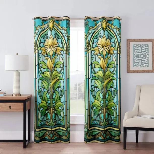 2 Panels 100% Blackout Curtain Stained Glass Pattern Curtain Drapes For Living Room Bedroom Kitchen Window Treatments Thermal Insulated Room Darkening