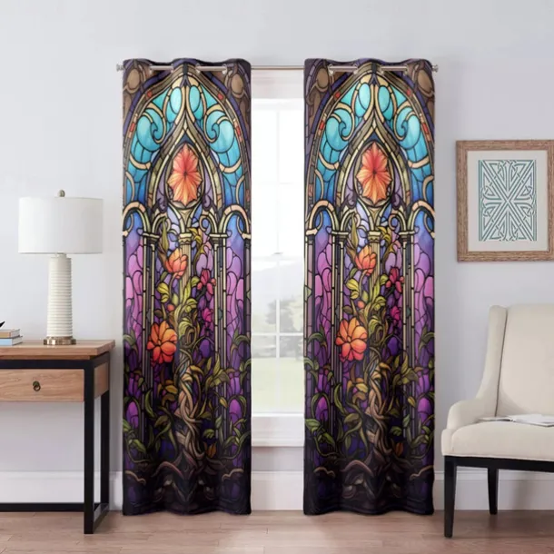 2 Panels 100% Blackout Curtain Stained Glass Pattern Curtain Drapes For Living Room Bedroom Kitchen Window Treatments Thermal Insulated Room Darkening