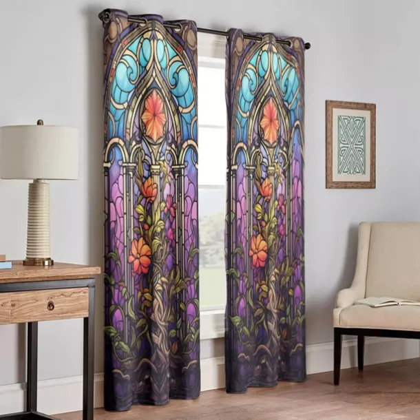2 Panels 100% Blackout Curtain Stained Glass Pattern Curtain Drapes For Living Room Bedroom Kitchen Window Treatments Thermal Insulated Room Darkening