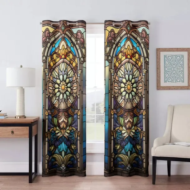 2 Panels 100% Blackout Curtain Stained Glass Pattern Curtain Drapes For Living Room Bedroom Kitchen Window Treatments Thermal Insulated Room Darkening