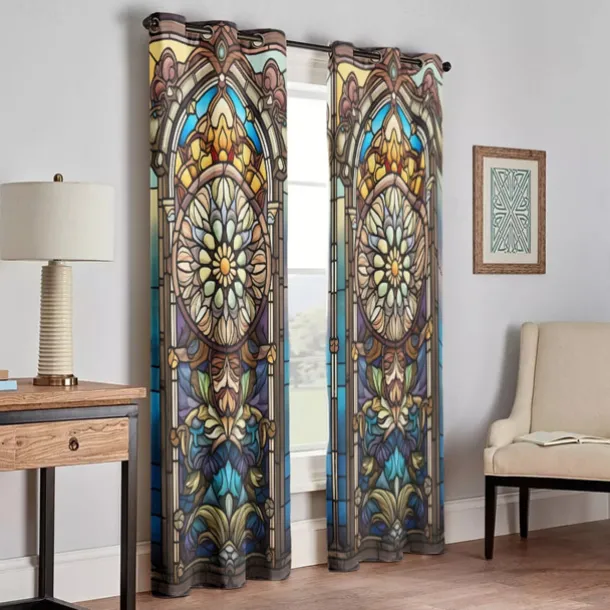 2 Panels 100% Blackout Curtain Stained Glass Pattern Curtain Drapes For Living Room Bedroom Kitchen Window Treatments Thermal Insulated Room Darkening