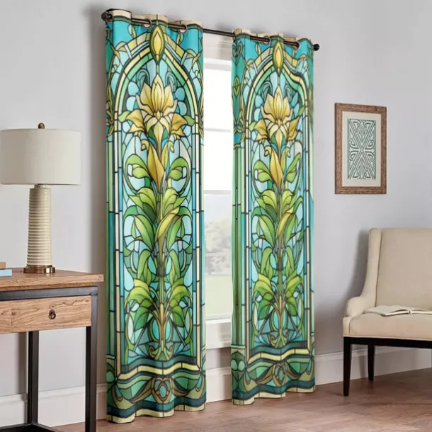 2 Panels 100% Blackout Curtain Stained Glass Pattern Curtain Drapes For Living Room Bedroom Kitchen Window Treatments Thermal Insulated Room Darkening