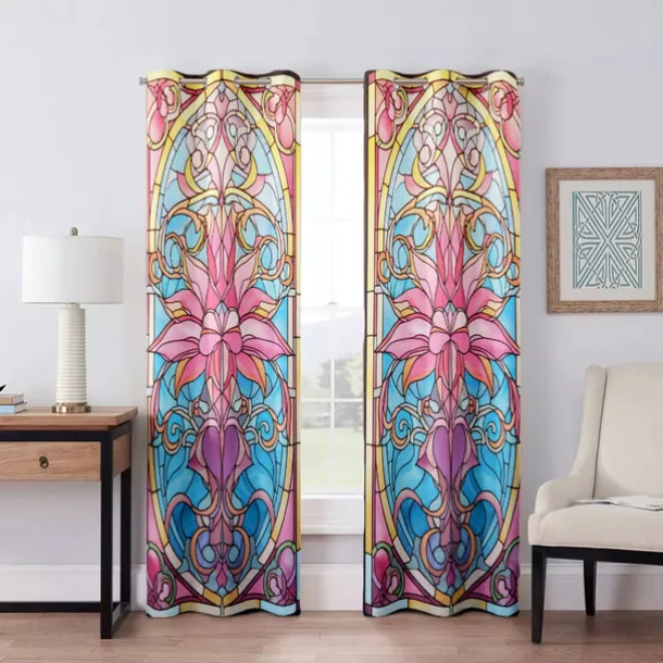 2 Panels 100% Blackout Curtain Stained Glass Pattern Curtain Drapes For Living Room Bedroom Kitchen Window Treatments Thermal Insulated Room Darkening