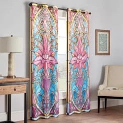 2 Panels 100% Blackout Curtain Stained Glass Pattern Curtain Drapes For Living Room Bedroom Kitchen Window Treatments Thermal Insulated Room Darkening