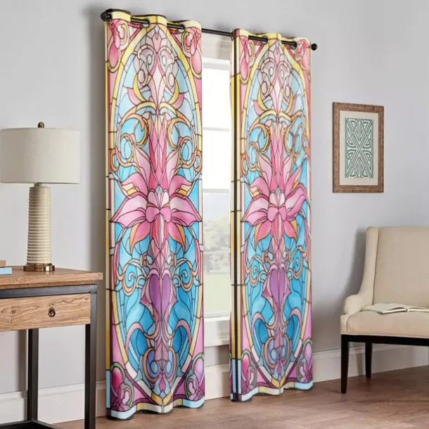 2 Panels 100% Blackout Curtain Stained Glass Pattern Curtain Drapes For Living Room Bedroom Kitchen Window Treatments Thermal Insulated Room Darkening