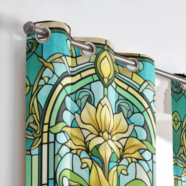 2 Panels 100% Blackout Curtain Stained Glass Pattern Curtain Drapes For Living Room Bedroom Kitchen Window Treatments Thermal Insulated Room Darkening