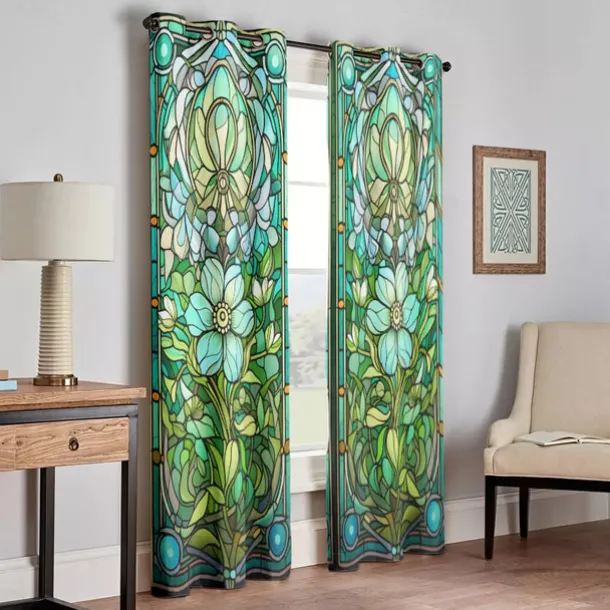 2 Panels 100% Blackout Curtain Stained Glass Pattern Curtain Drapes For Living Room Bedroom Kitchen Window Treatments Thermal Insulated Room Darkening