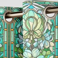 2 Panels 100% Blackout Curtain Stained Glass Pattern Curtain Drapes For Living Room Bedroom Kitchen Window Treatments Thermal Insulated Room Darkening