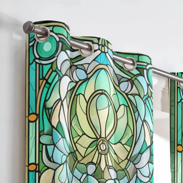 2 Panels 100% Blackout Curtain Stained Glass Pattern Curtain Drapes For Living Room Bedroom Kitchen Window Treatments Thermal Insulated Room Darkening