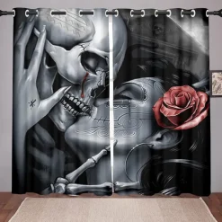 2 Panels Blackout Curtains Skull Printed Thermal Insulated Curtains for Bedroom Living Room Geometric Grommet Window Drapes Curtain Drapes