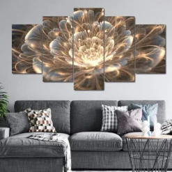 5 Panels Florals Prints Golden Rays Fractal Flower Modern Wall Art Wall Hanging Gift Home Decoration Rolled Canvas Unframed Unstretched Painting Core