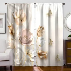 2 Panels Golden Roses Curtain Drapes Blackout Curtain For Living Room Bedroom Kitchen Window Treatments Thermal Insulated Room Darkening