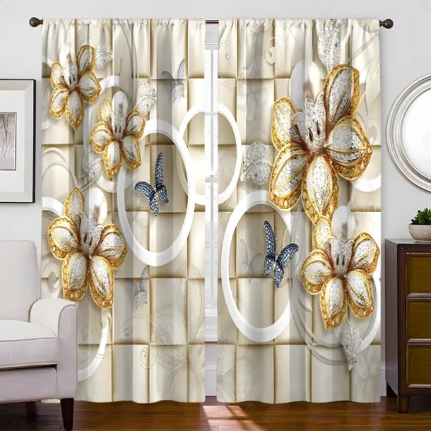2 Panels Golden Roses Curtain Drapes Blackout Curtain For Living Room Bedroom Kitchen Window Treatments Thermal Insulated Room Darkening