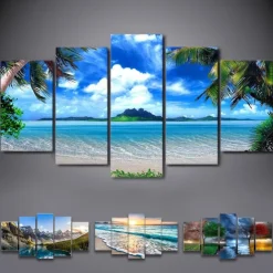 5 Panels Landscape Prints Posters/Picture Beach Blue Sea Sunset Modern Wall Art Wall Hanging Gift Home Decoration Rolled Canvas No Frame Unframed Unstretched