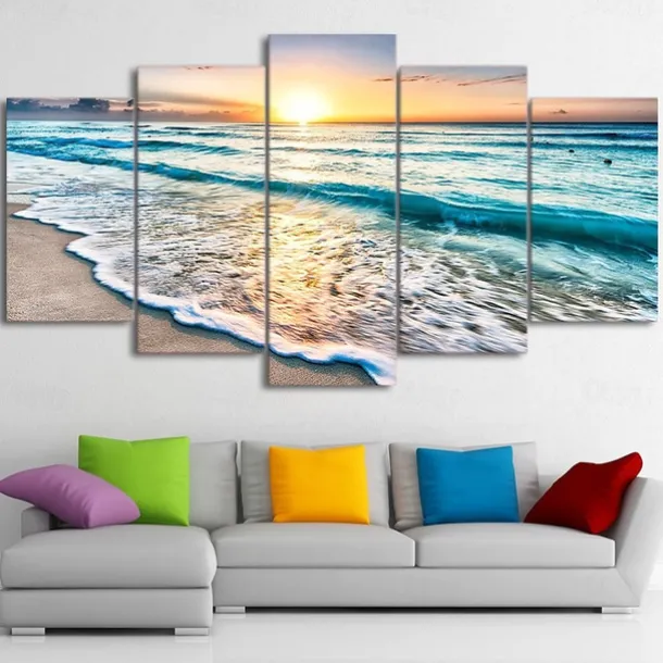 5 Panels Landscape Prints Posters/Picture Beach Blue Sea Sunset Modern Wall Art Wall Hanging Gift Home Decoration Rolled Canvas No Frame Unframed Unstretched
