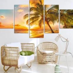 5 Panels Landscape Prints Posters/Picture Beach Blue Sea Sunset Modern Wall Art Wall Hanging Gift Home Decoration Rolled Canvas No Frame Unframed Unstretched