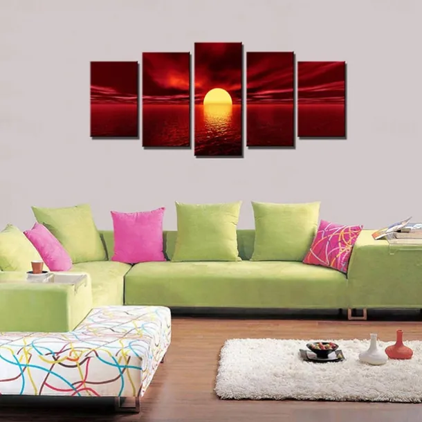 5 Panels Landscape Prints Posters/Picture Beach Blue Sea Sunset Modern Wall Art Wall Hanging Gift Home Decoration Rolled Canvas No Frame Unframed Unstretched