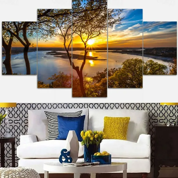 5 Panels Landscape Prints Posters/Picture Beach Blue Sea Sunset Modern Wall Art Wall Hanging Gift Home Decoration Rolled Canvas No Frame Unframed Unstretched