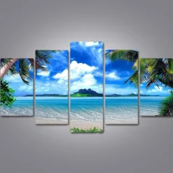 5 Panels Landscape Prints Posters/Picture Beach Blue Sea Sunset Modern Wall Art Wall Hanging Gift Home Decoration Rolled Canvas No Frame Unframed Unstretched
