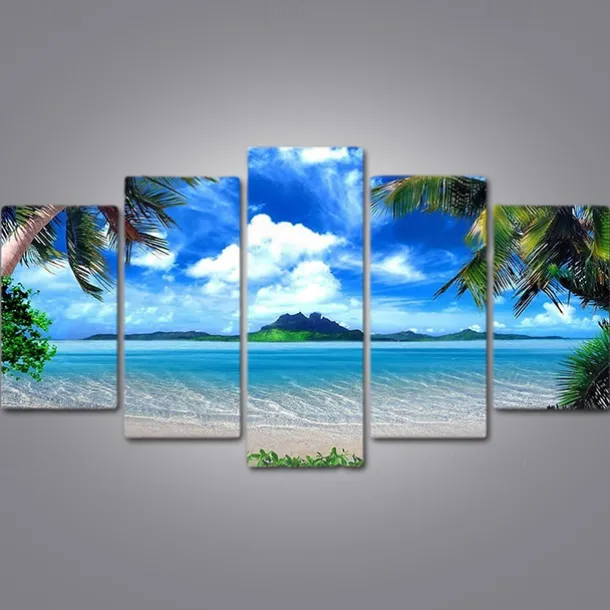5 Panels Landscape Prints Posters/Picture Beach Blue Sea Sunset Modern Wall Art Wall Hanging Gift Home Decoration Rolled Canvas No Frame Unframed Unstretched