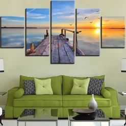 5 Panels Landscape Prints Posters/Picture Beach Blue Sea Sunset Modern Wall Art Wall Hanging Gift Home Decoration Rolled Canvas No Frame Unframed Unstretched