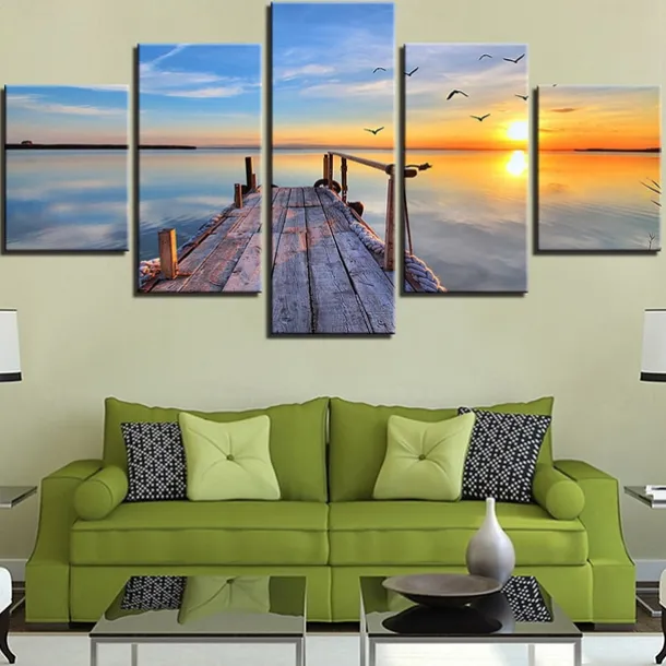 5 Panels Landscape Prints Posters/Picture Beach Blue Sea Sunset Modern Wall Art Wall Hanging Gift Home Decoration Rolled Canvas No Frame Unframed Unstretched