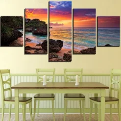 5 Panels Landscape Prints Posters/Picture Beach Blue Sea Sunset Modern Wall Art Wall Hanging Gift Home Decoration Rolled Canvas No Frame Unframed Unstretched