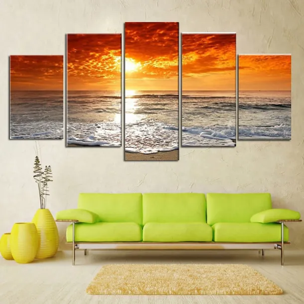 5 Panels Landscape Prints Posters/Picture Beach Blue Sea Sunset Modern Wall Art Wall Hanging Gift Home Decoration Rolled Canvas No Frame Unframed Unstretched