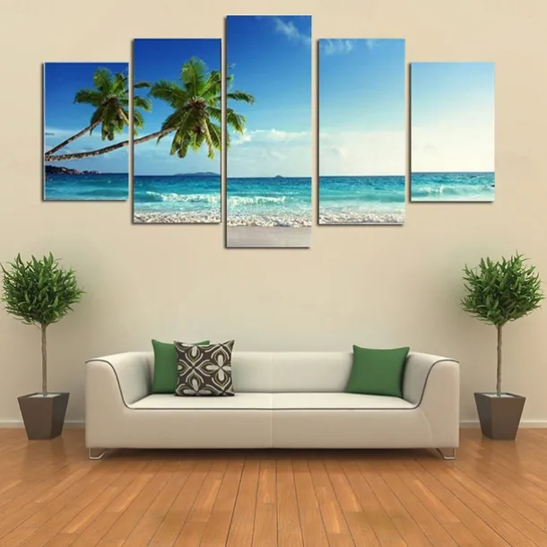 5 Panels Landscape Prints Posters/Picture Beach Blue Sea Sunset Modern Wall Art Wall Hanging Gift Home Decoration Rolled Canvas No Frame Unframed Unstretched