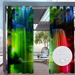 2 Panels Outdoor Curtain Privacy Waterproof, Sliding Patio Curtain Drapes, Pergola Curtains Grommet 3D Landscape For Gazebo, Balcony, Porch, Party, Hotel