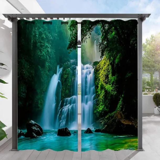 2 Panels Outdoor Curtain Privacy Waterproof, Sliding Patio Curtain Drapes, Pergola Curtains Grommet 3D Forest Landscape For Gazebo, Balcony, Porch, Party