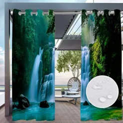 2 Panels Outdoor Curtain Privacy Waterproof, Sliding Patio Curtain Drapes, Pergola Curtains Grommet 3D Forest Landscape For Gazebo, Balcony, Porch, Party