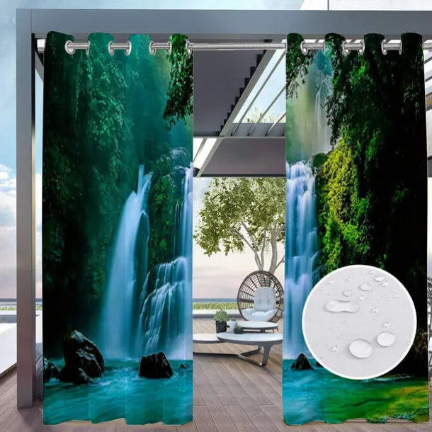 2 Panels Outdoor Curtain Privacy Waterproof, Sliding Patio Curtain Drapes, Pergola Curtains Grommet 3D Forest Landscape For Gazebo, Balcony, Porch, Party