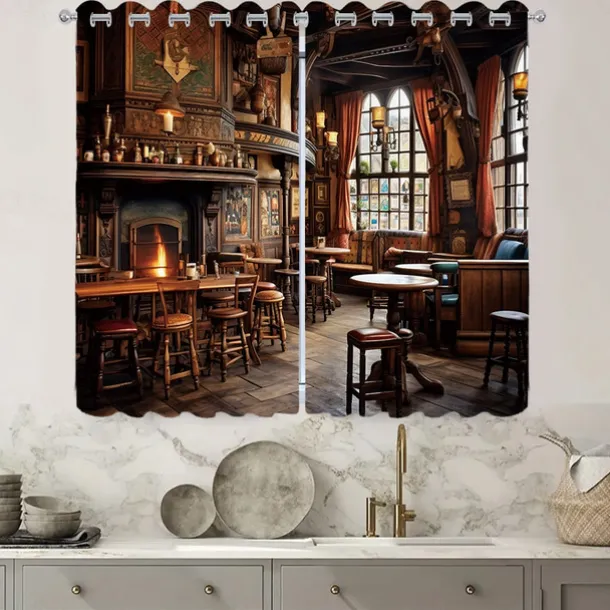 2 Panels Vintage Bar Curtain Drapes Blackout Curtain For Living Room Bedroom Kitchen Window Treatments Thermal Insulated Room Darkening