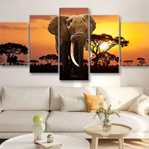 5 Panels Wall Art Canvas Prints Posters Painting Artwork Picture Elephant Animal Tree Sunset Home Decoration Décor Rolled Canvas With Stretched Frame