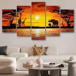 5 Panels Wall Art Canvas Prints Posters Painting Artwork Picture Elephant Animal Tree Sunset Home Decoration Décor Rolled Canvas With Stretched Frame